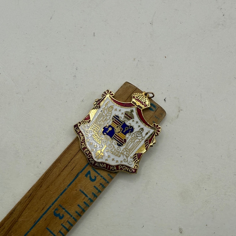 Vintage Hawaiian Coat Of Arms Enamel Pendant Jewelry Folk Art White Gold Tone - Picture 4 of 6